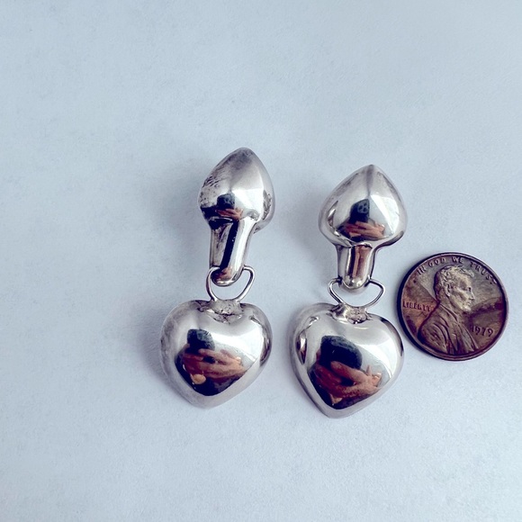 Abstract Heart Shape Genuine 925 Sterling Silver Statement Dangle Earrings - Picture 6 of 7